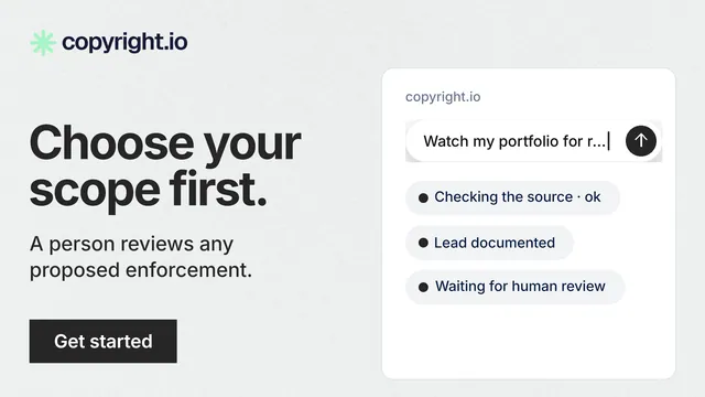 Landscape graphic for copyright.io: "Choose your scope first." Swiss style, bottom layout, light palette in white, grey.