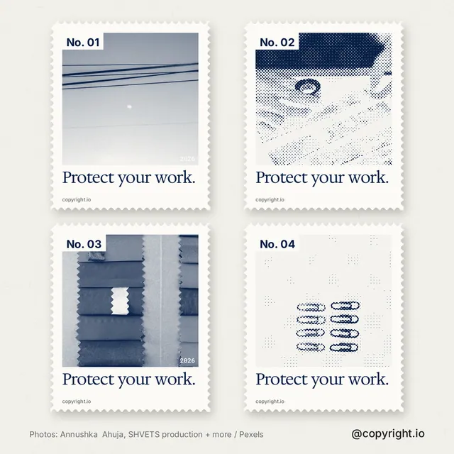 Instagram post for copyright.io: "Protect your work." Sheet style, technique:stamp series layout, light palette in white, grey.