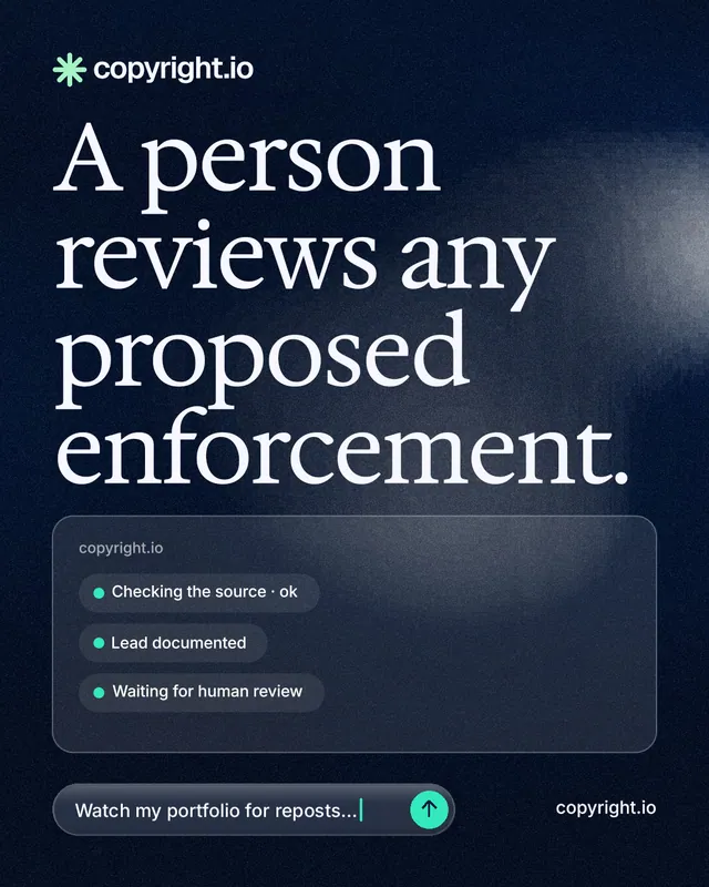 Instagram portrait post for copyright.io: "A person reviews any proposed enforcement." Thermal style, poster layout, dark palette in blue, black, grey.