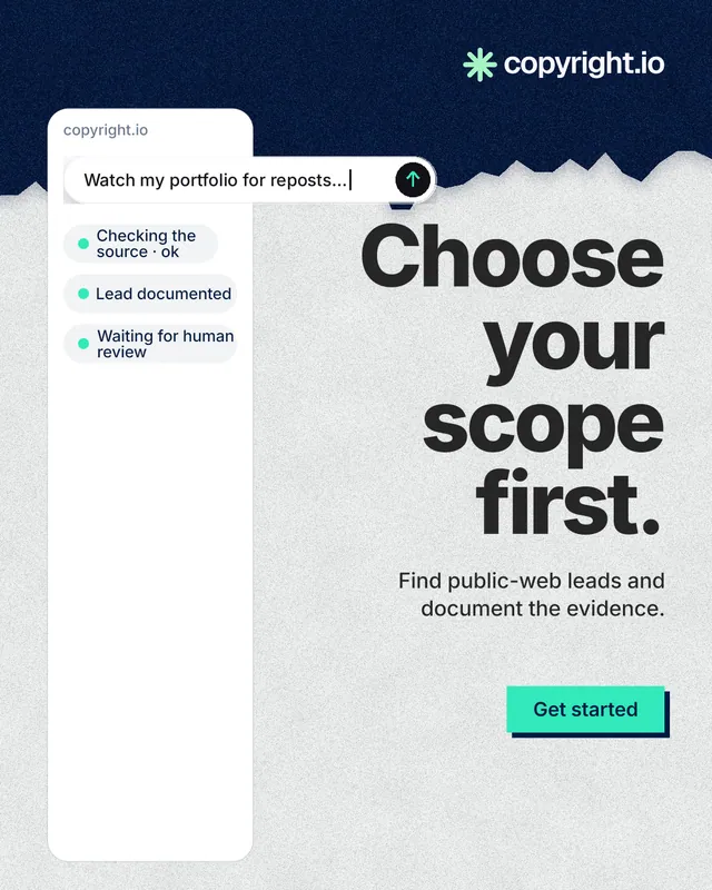 Instagram portrait post for copyright.io: "Choose your scope first." Paper trio style, right layout, light palette in white, blue.