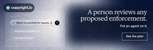 X header for copyright.io: "A person reviews any proposed enforcement." Cyanotype style, right layout, light palette in blue, grey, white.