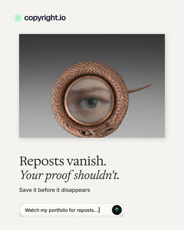 Instagram portrait post for copyright.io: "Reposts vanish. Your proof shouldn't." Agentic glass style, bottom layout, light palette in white, grey.
