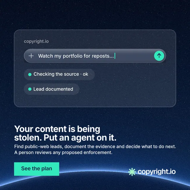 Instagram post for copyright.io: "Your content is being stolen. Put an agent on it." Swiss style, bottom layout, dark palette in blue, black.