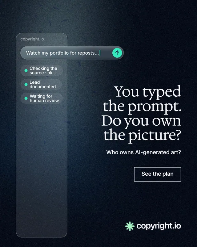 Instagram portrait post for copyright.io: "You typed the prompt. Do you own the picture?" Dark deco style, right layout, dark palette in blue, black, grey.