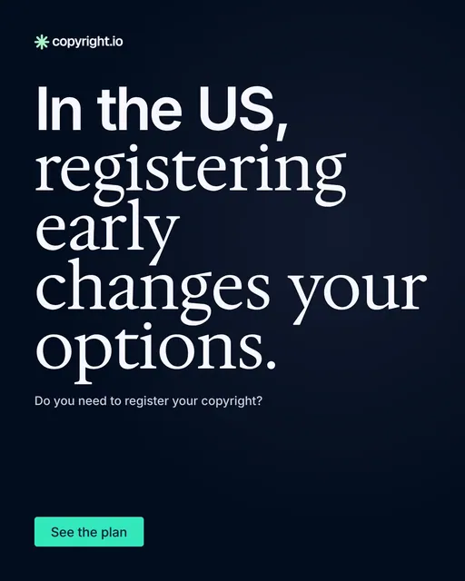 Video for copyright.io: "In the US, registering early changes your options.". Doc motion loop, 6.0 s, dark palette.
