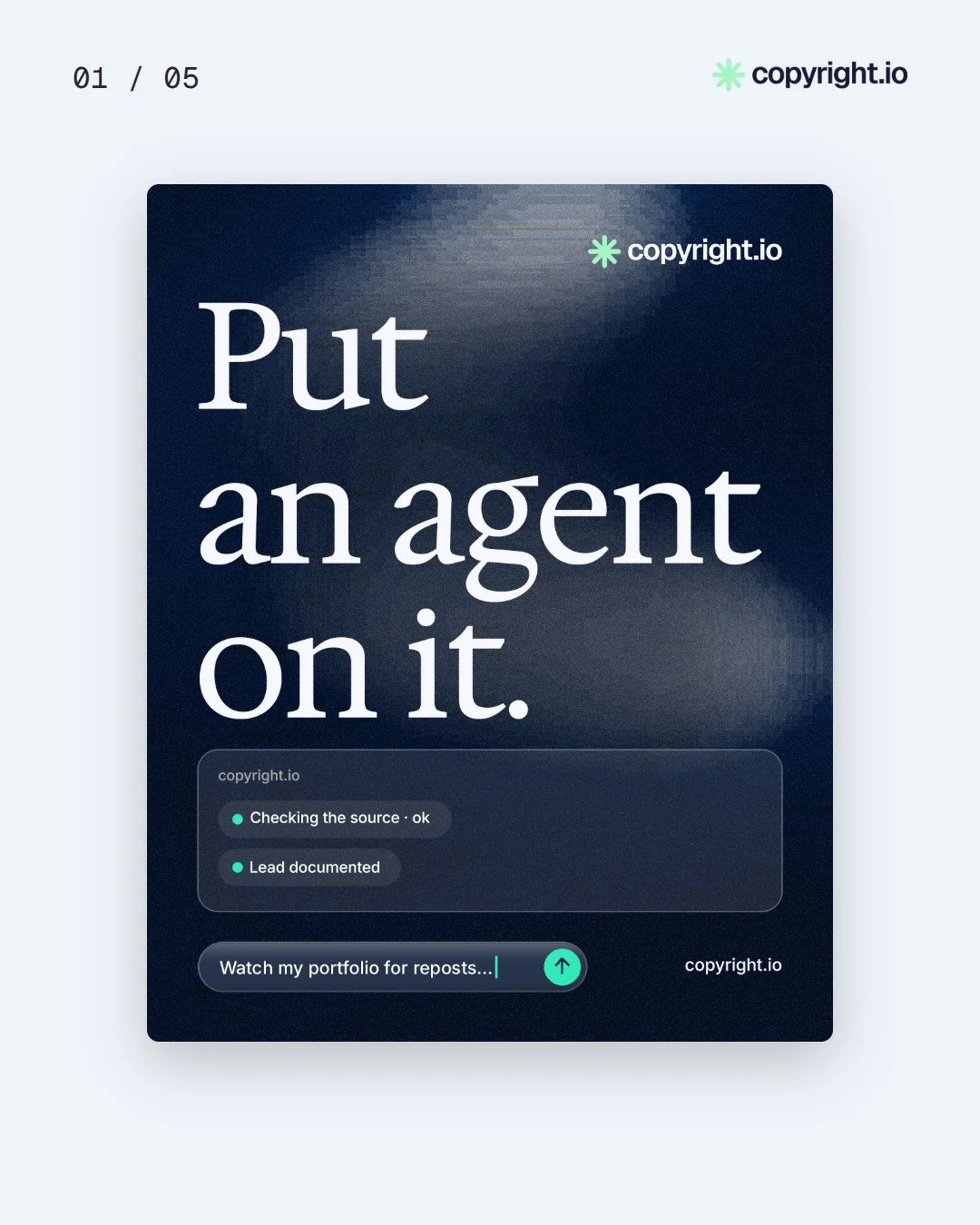 Video for copyright.io. Ad flipbook, 7.5 s, light palette.