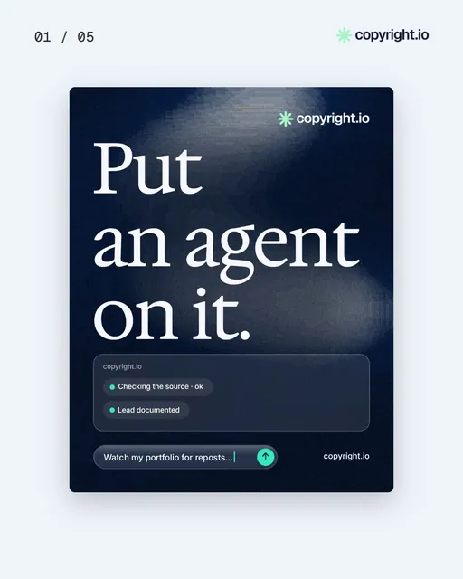 Video for copyright.io. Ad flipbook, 7.5 s, light palette.