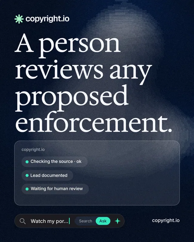 Instagram portrait post for copyright.io: "A person reviews any proposed enforcement." Thermal style, poster layout, dark palette in black, blue, grey.