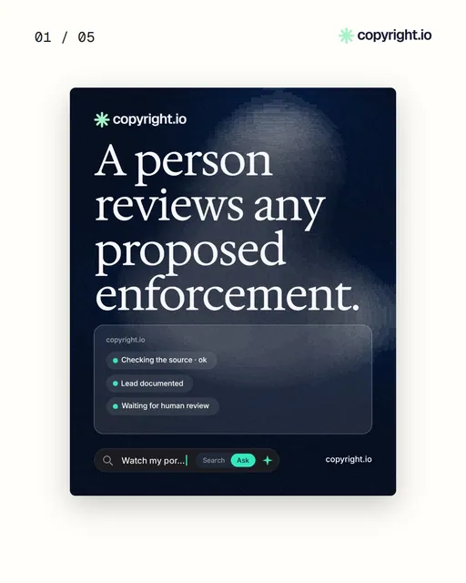Video for copyright.io. Ad flipbook, 7.5 s, light palette.