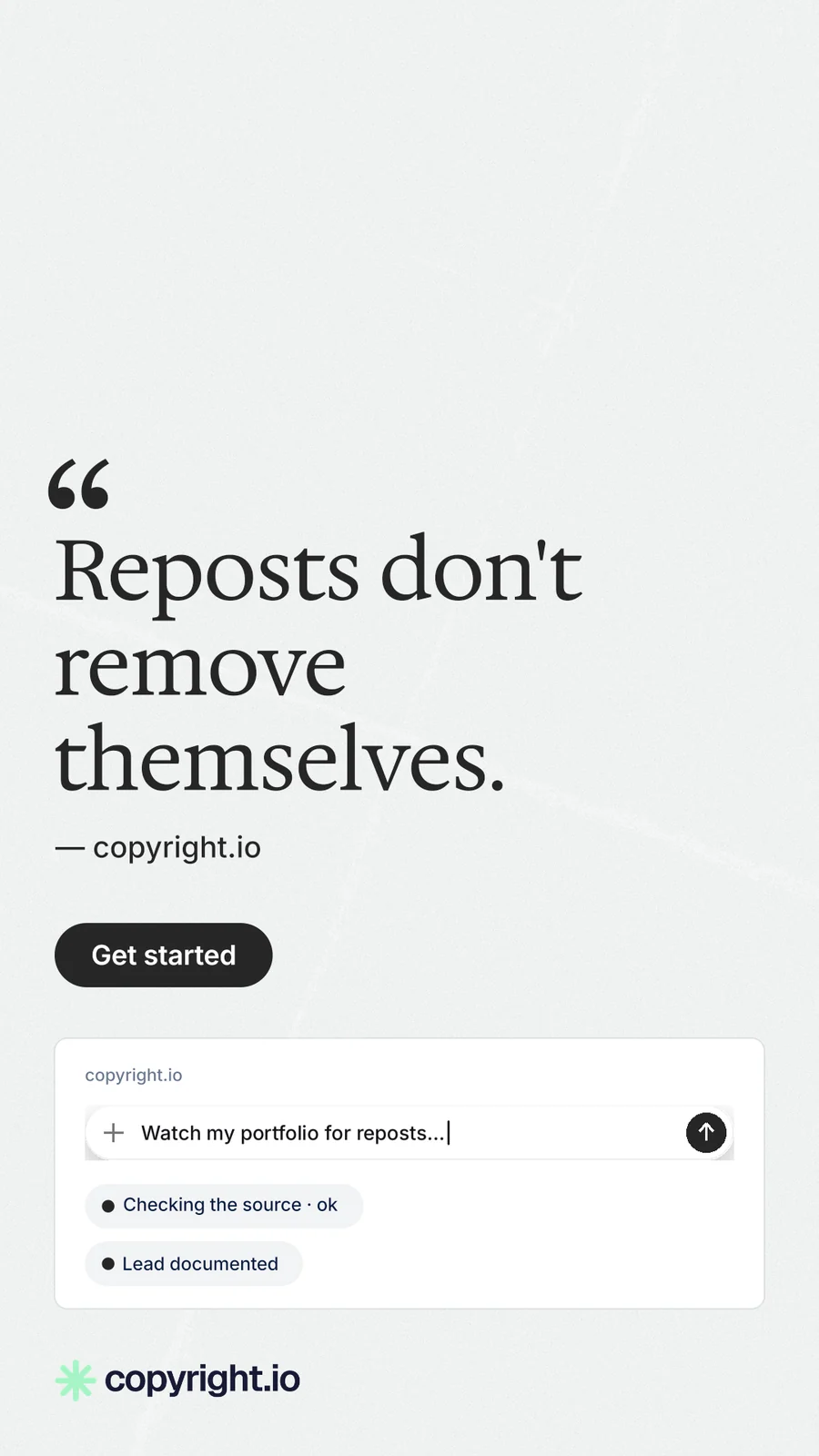 Instagram story for copyright.io: "Reposts don't remove themselves." Data card style, quote layout, light palette in white.