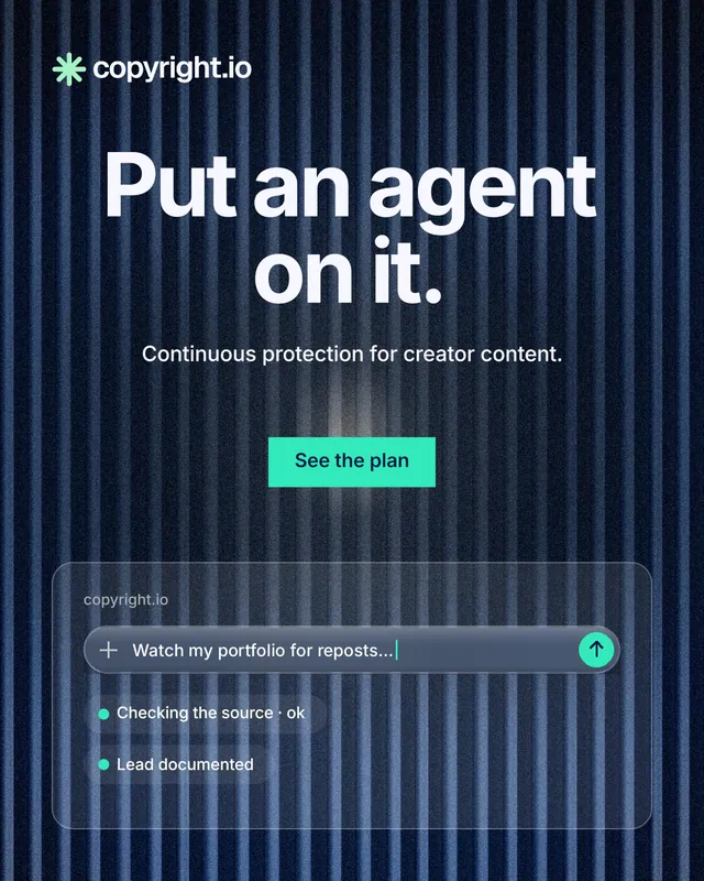 Instagram portrait post for copyright.io: "Put an agent on it." Swiss style, centred layout, dark palette in blue, black.