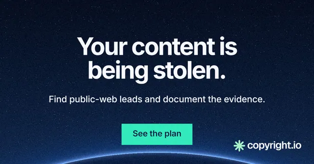 Social ad for copyright.io: "Your content is being stolen." Swiss style, centred layout, dark palette in blue, black.