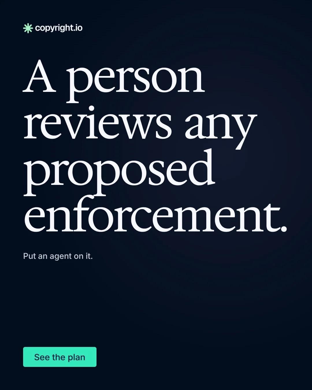 Video for copyright.io: "A person reviews any proposed enforcement.". Doc motion loop, 6.0 s, dark palette.