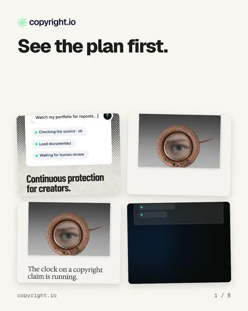 Carousel for copyright.io: "See the plan first.". Collection carousel, 8 slides, light palette.