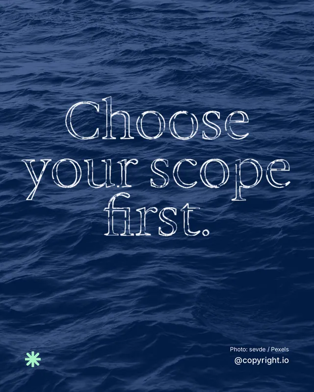 Instagram portrait post for copyright.io: "Choose your scope first." Scribble style, technique:raster type fx layout, dark palette in blue.