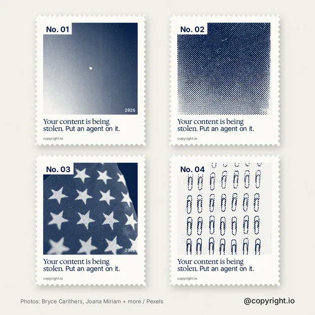 Instagram post for copyright.io: "Your content is being stolen. Put an agent on it." Sheet style, technique:stamp series layout, light palette in white, grey.