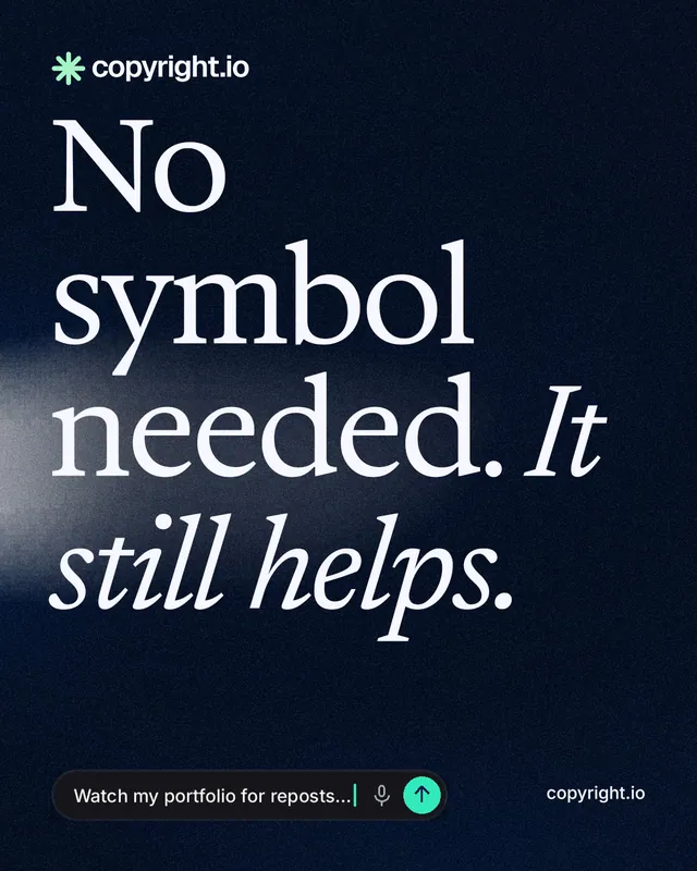 Instagram portrait post for copyright.io: "No symbol needed. It still helps." Thermal style, poster layout, dark palette in black, blue, grey.
