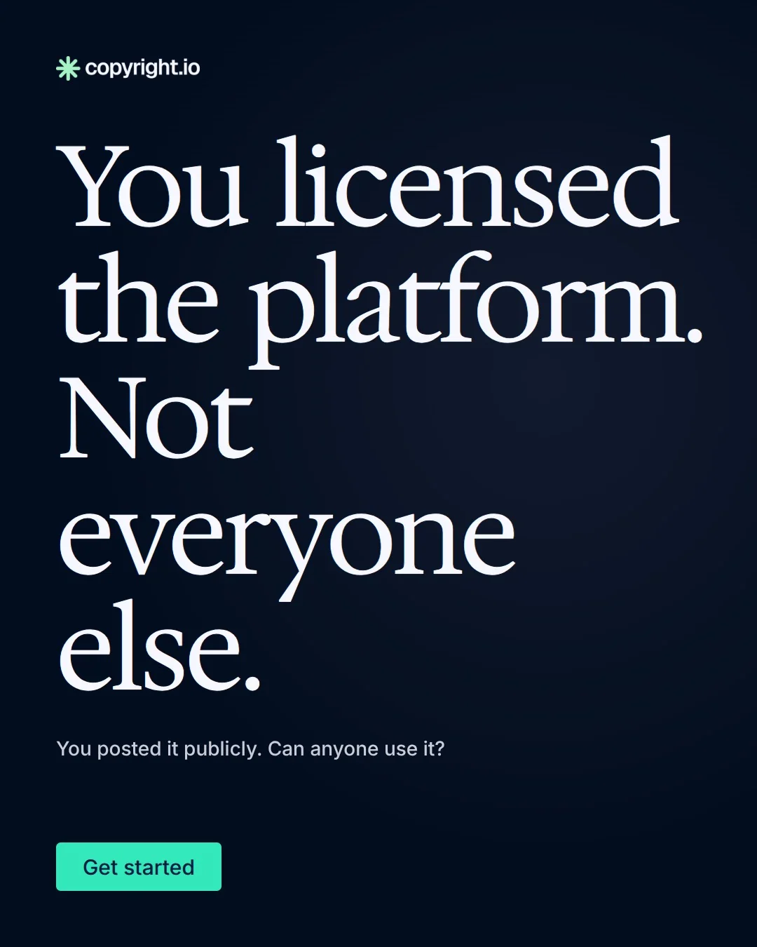 Video for copyright.io: "You licensed the platform. Not everyone else.". Doc motion loop, 6.0 s, dark palette.