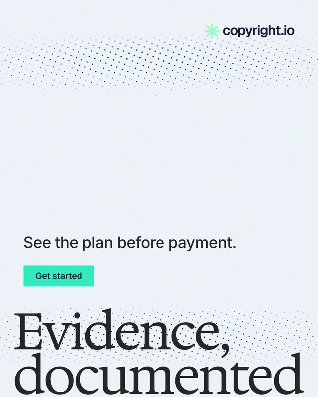 Instagram portrait post for copyright.io: "Evidence, documented." Swiss style, oversized layout, light palette in white.