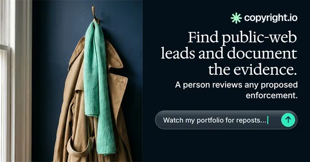 Social ad for copyright.io: "Find public-web leads and document the evidence." Agentic glass style, right layout, dark palette in black, grey.