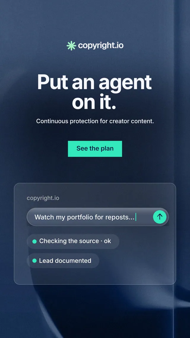 Instagram story for copyright.io: "Put an agent on it." Swiss style, centred layout, dark palette in blue.