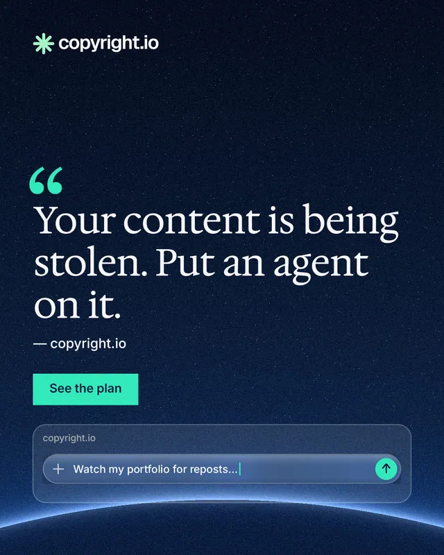 Instagram portrait post for copyright.io: "Your content is being stolen. Put an agent on it." Swiss style, quote layout, dark palette in blue, black.