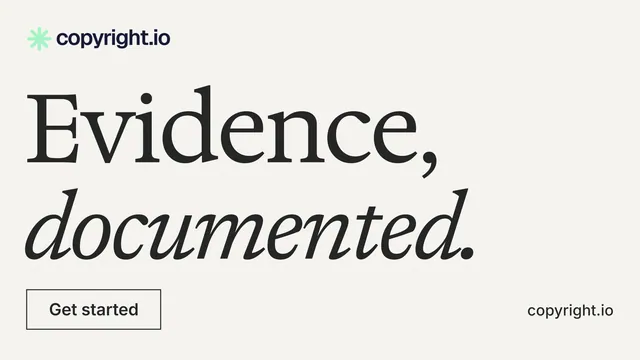 Landscape graphic for copyright.io: "Evidence, documented." Editorial style, poster layout, light palette in white, grey.