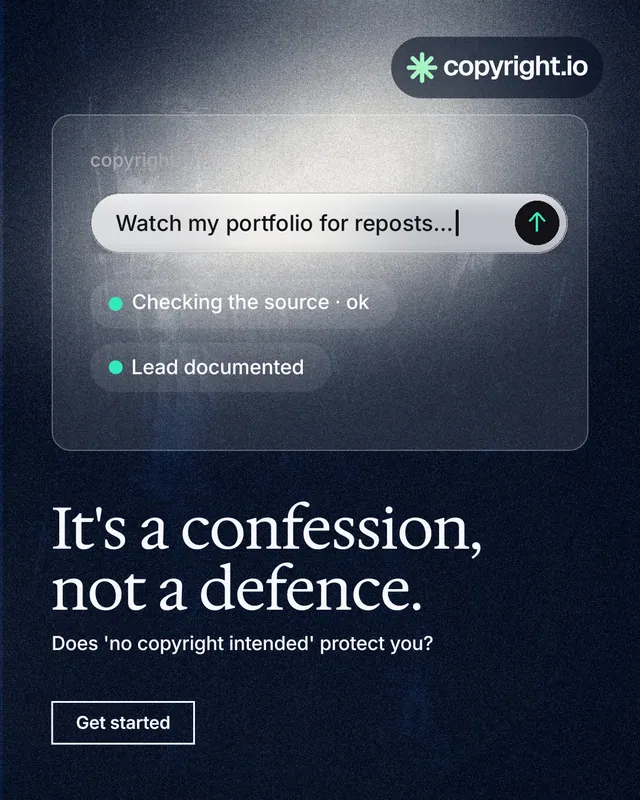 Instagram portrait post for copyright.io: "It's a confession, not a defence." Cyanotype style, bottom layout, dark palette in grey, black, blue.