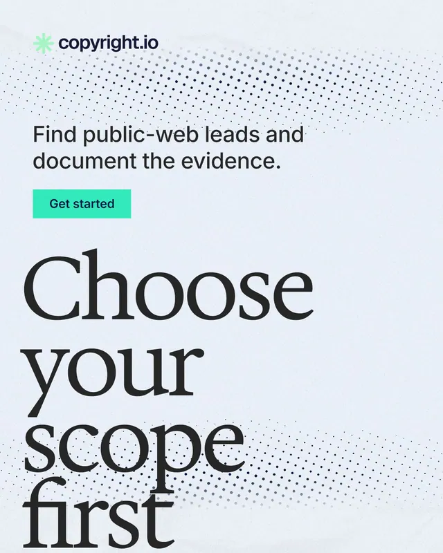 Instagram portrait post for copyright.io: "Choose your scope first." Swiss style, oversized layout, light palette in white, blue, grey.