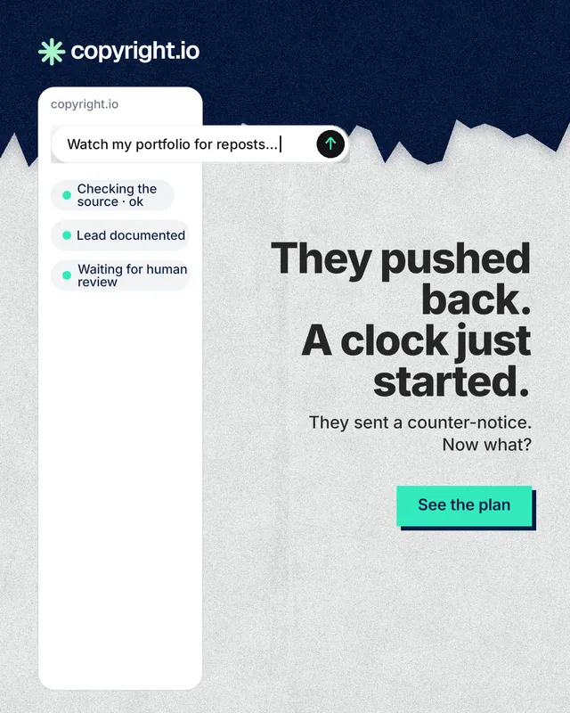 Instagram portrait post for copyright.io: "They pushed back. A clock just started." Paper trio style, right layout, light palette in white, blue.