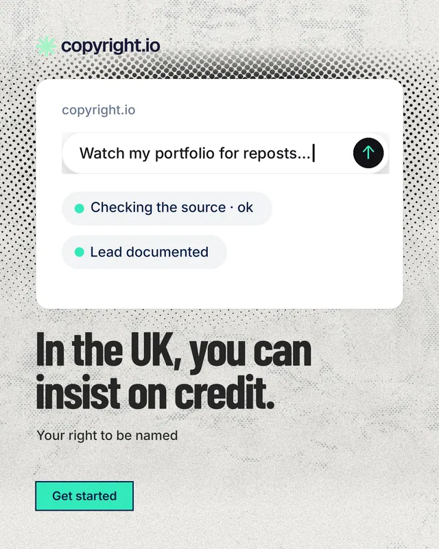 Instagram portrait post for copyright.io: "In the UK, you can insist on credit." Ink sticker style, bottom layout, light palette in white, grey.