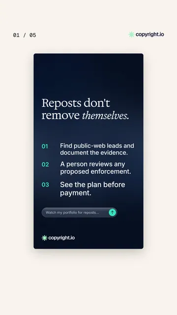 Video for copyright.io. Ad flipbook, 7.5 s, light palette.