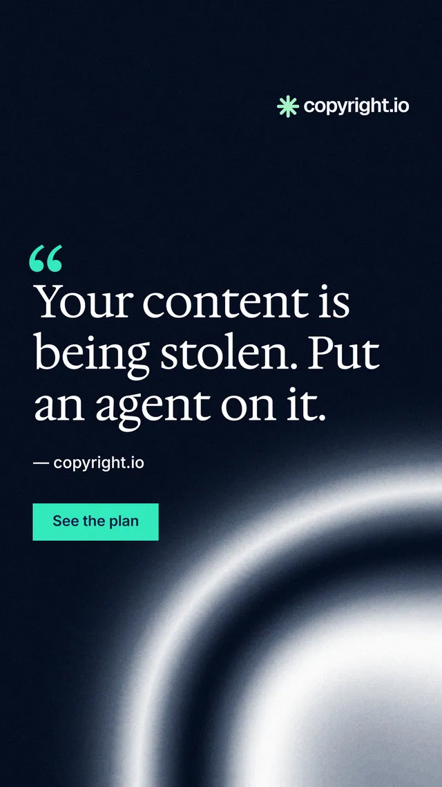 Instagram story for copyright.io: "Your content is being stolen. Put an agent on it." Swiss style, quote layout, dark palette in black, grey, blue.