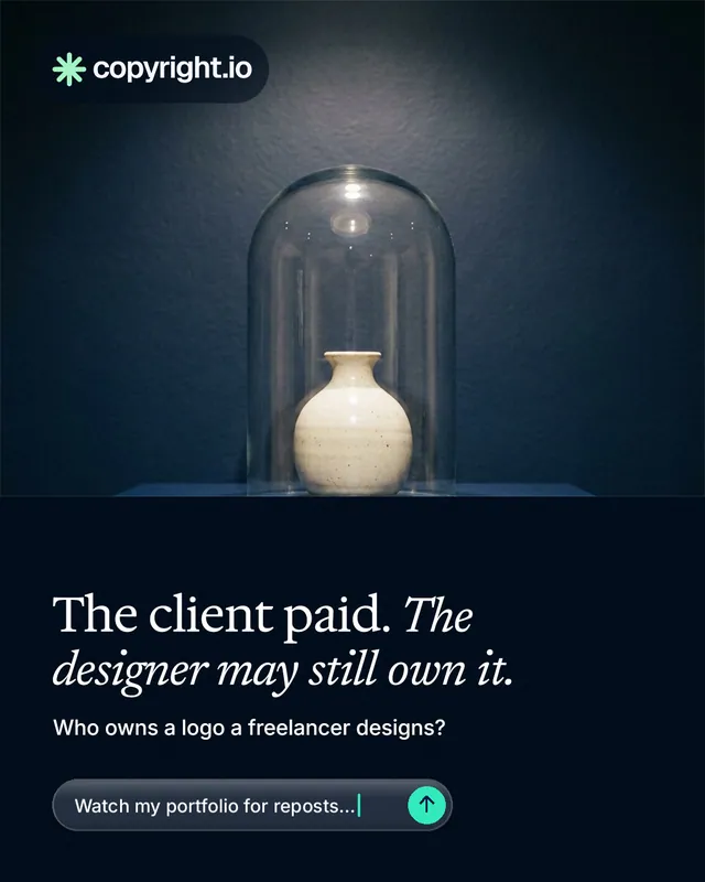 Instagram portrait post for copyright.io: "The client paid. The designer may still own it." Agentic glass style, bottom layout, dark palette in black, blue, grey.