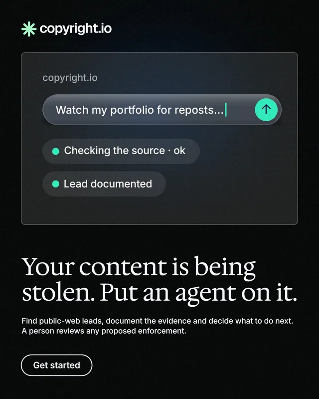 Instagram portrait post for copyright.io: "Your content is being stolen. Put an agent on it." Phosphor atlas style, bottom layout, dark palette in black, grey.