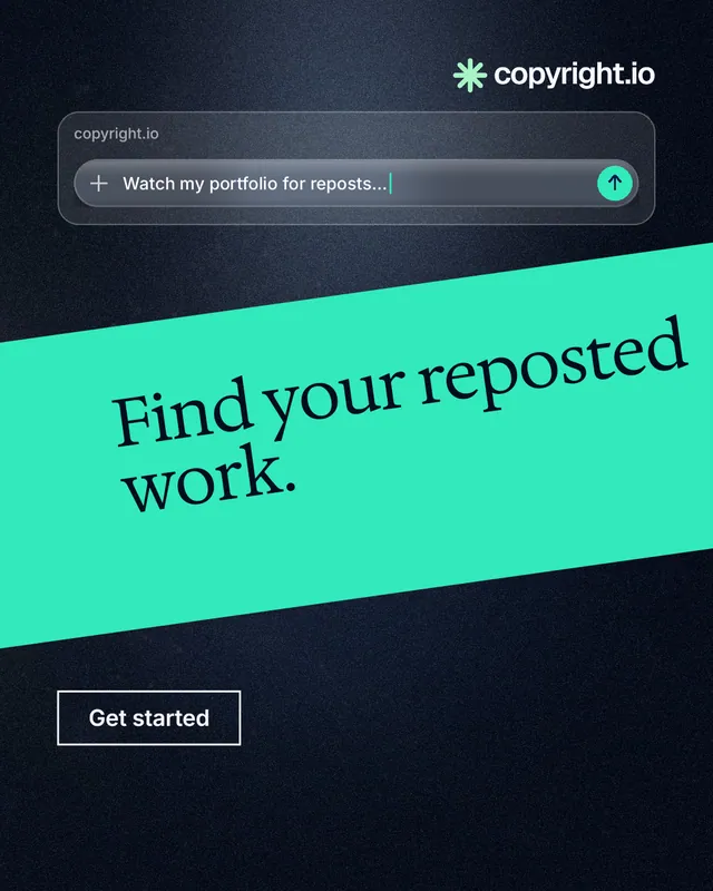 Instagram portrait post for copyright.io: "Find your reposted work." Dark deco style, diagonal layout, dark palette in teal, black, blue.