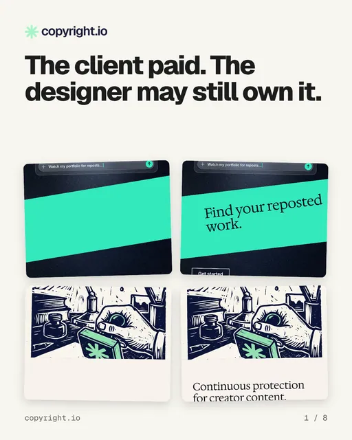 Carousel for copyright.io: "The client paid. The designer may still own it.". Collection carousel, 8 slides, light palette.