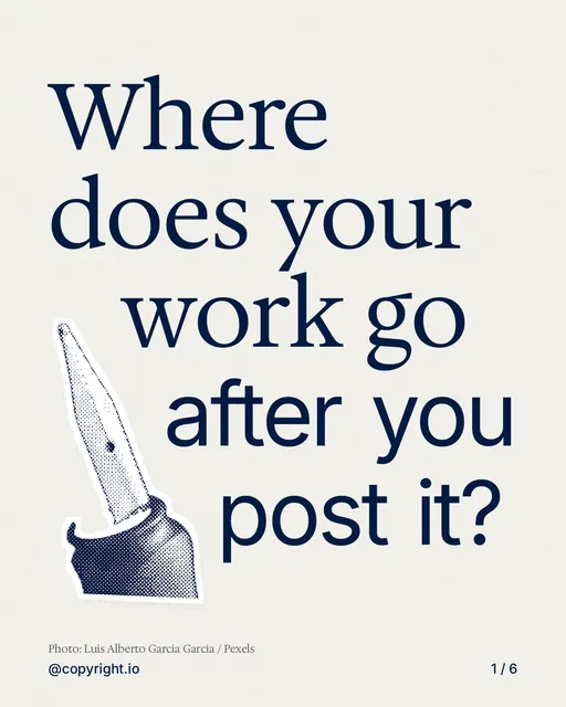 Carousel for copyright.io: "Where does your work go after you post it?". Cutout essay, 6 slides, light palette.