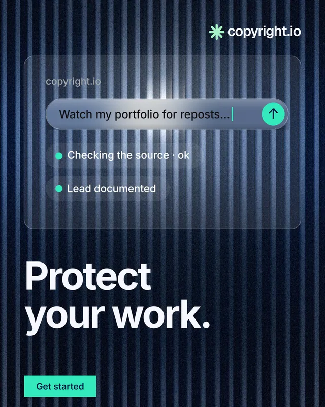 Instagram portrait post for copyright.io: "Protect your work." Swiss style, bottom layout, dark palette in blue, black, grey.