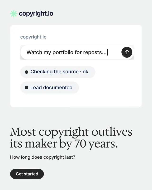 Instagram portrait post for copyright.io: "Most copyright outlives its maker by 70 years." Data card style, bottom layout, light palette in white.