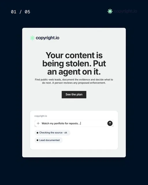 Video for copyright.io. Ad flipbook, 7.5 s, light palette.