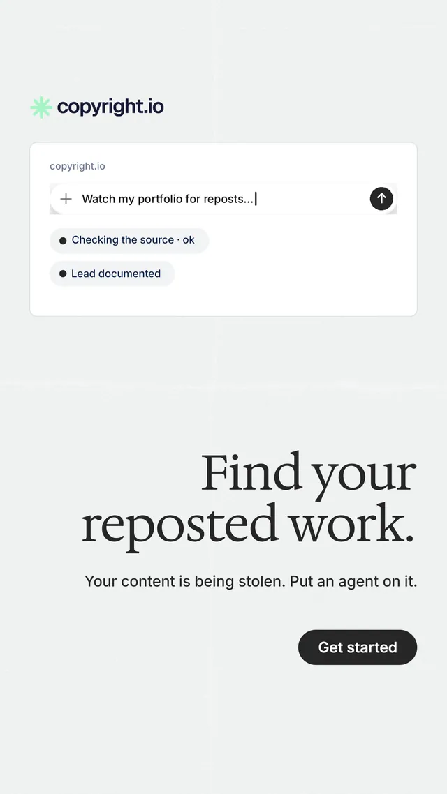 Instagram story for copyright.io: "Find your reposted work." Data card style, right layout, light palette in white.
