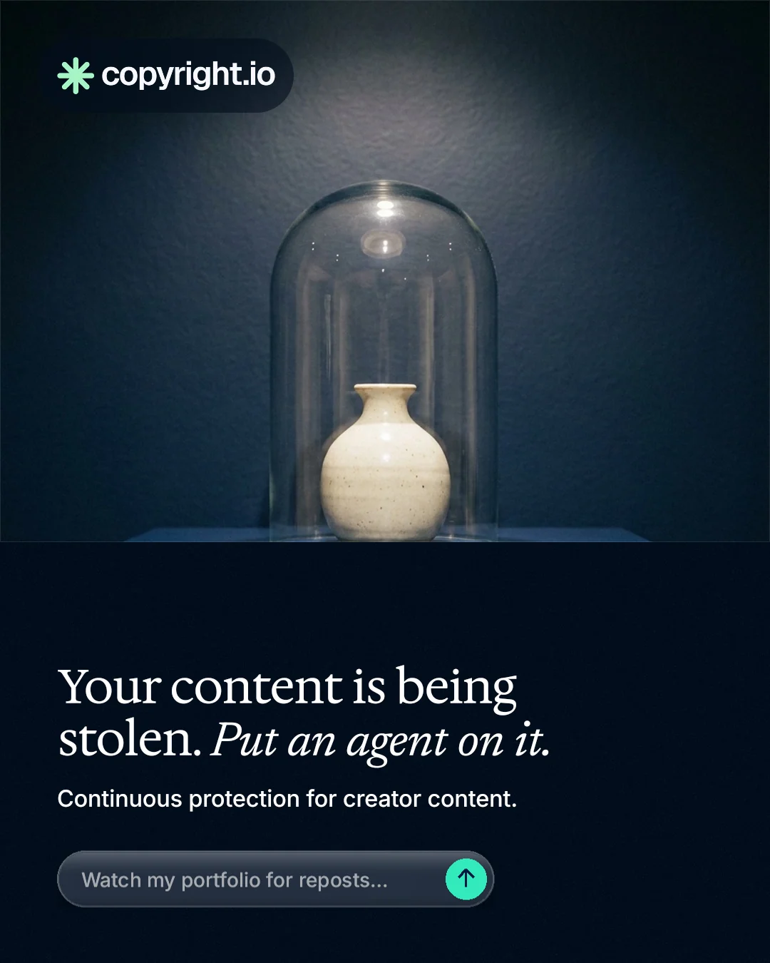 Instagram portrait post for copyright.io: "Your content is being stolen. Put an agent on it." Agentic glass style, bottom layout, dark palette in black, blue, grey.