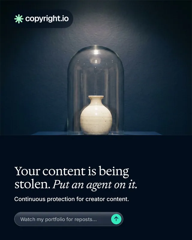 Instagram portrait post for copyright.io: "Your content is being stolen. Put an agent on it." Agentic glass style, bottom layout, dark palette in black, blue, grey.