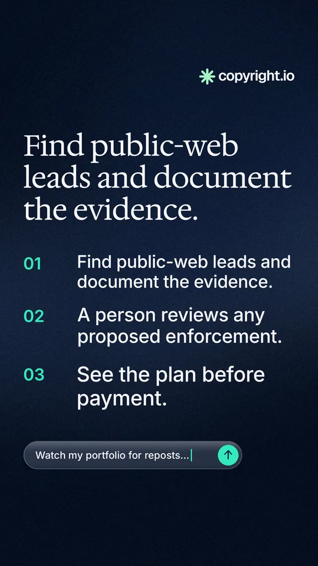 Instagram story for copyright.io: "Find public-web leads and document the evidence." Agentic glass style, numbered layout, dark palette in blue, black.