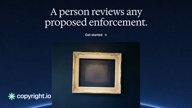Landscape graphic for copyright.io: "A person reviews any proposed enforcement." Agentic glass style, ogui layout, dark palette in black, blue, grey.