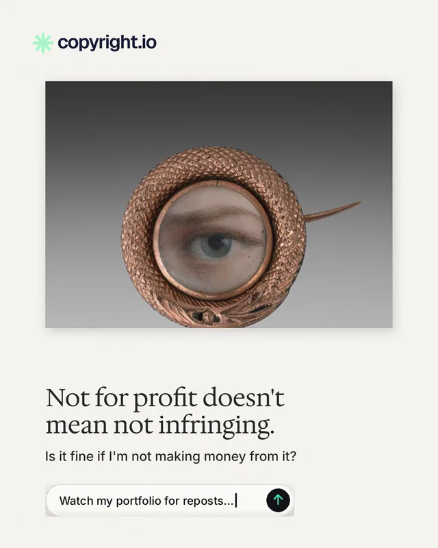 Instagram portrait post for copyright.io: "Not for profit doesn't mean not infringing." Agentic glass style, bottom layout, light palette in white, grey.