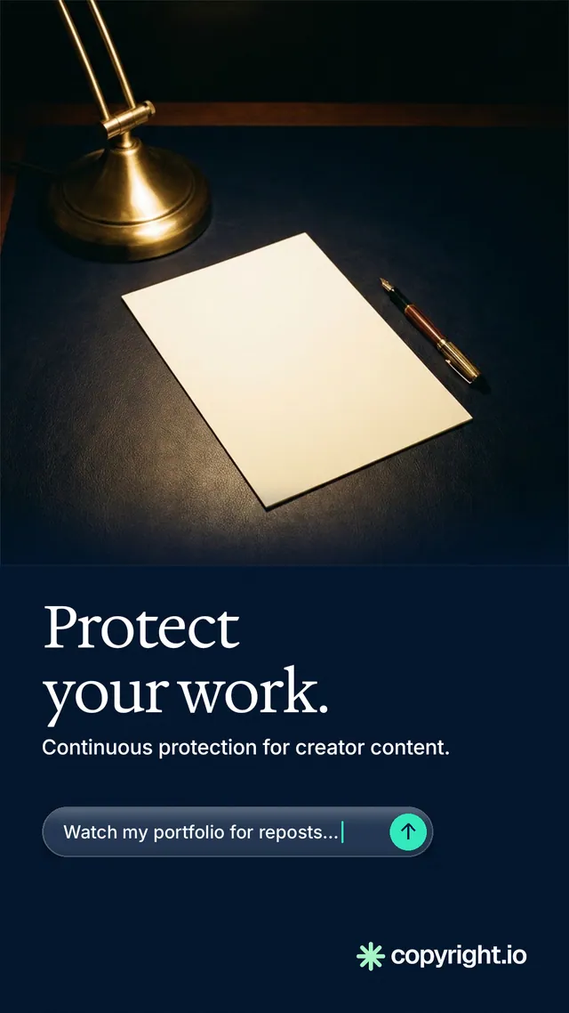 Instagram story for copyright.io: "Protect your work." Agentic glass style, bottom layout, dark palette in black, grey.