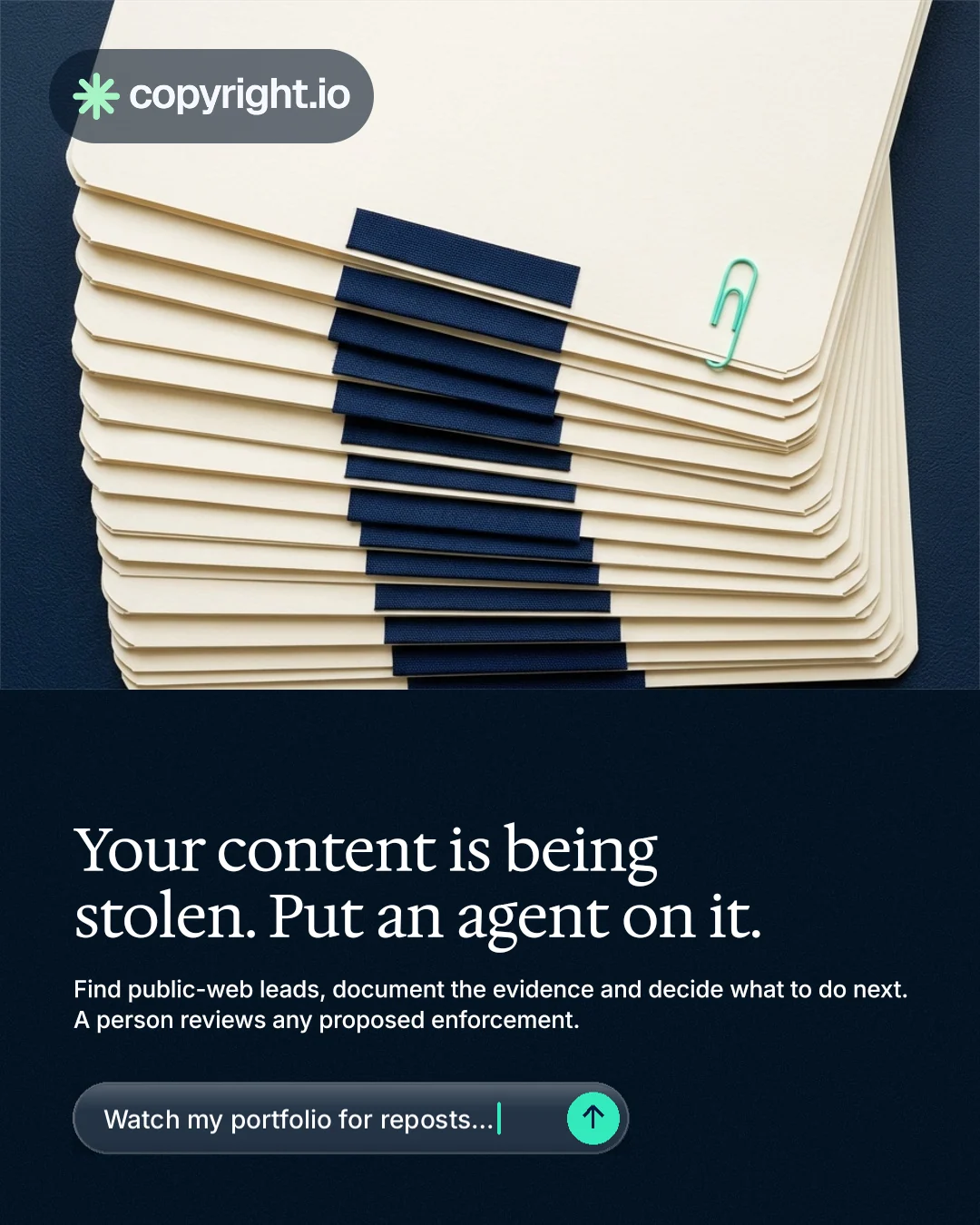 Instagram portrait post for copyright.io: "Your content is being stolen. Put an agent on it." Agentic glass style, bottom layout, dark palette in yellow, black, blue.