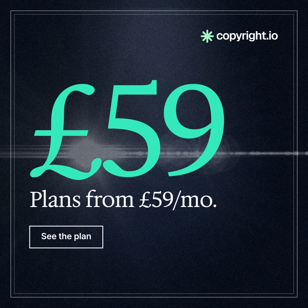 Instagram post for copyright.io: "Choose your scope first. See the plan before payment." Dark deco style, stat layout, dark palette in black, blue, teal.